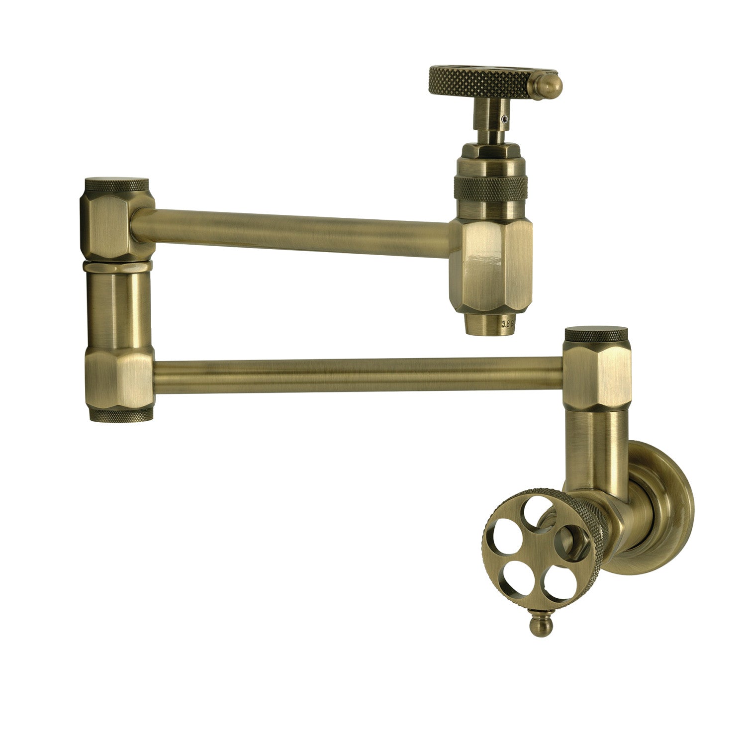Kingston Sona KS5103RKX - Webb Two-Handle 1-Hole Wall Mount Pot Filler Faucet with Knurled Handle, Antique Brass — image 1